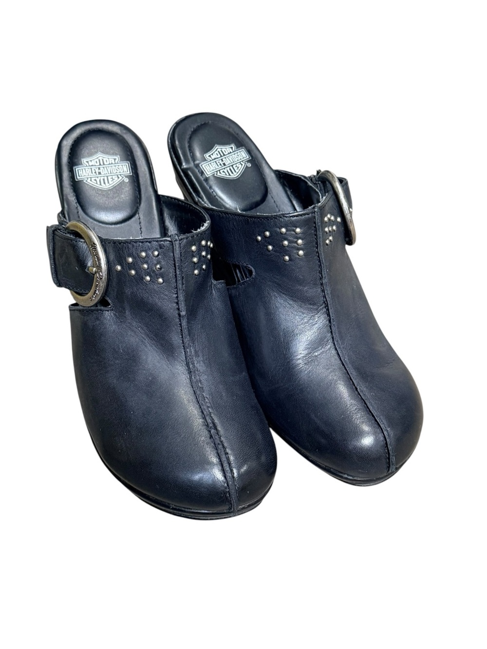 Harley-Davidson Leather Wedge Mule Clogs Black Studded Buckle Women’s 7 - Picture 4 of 13